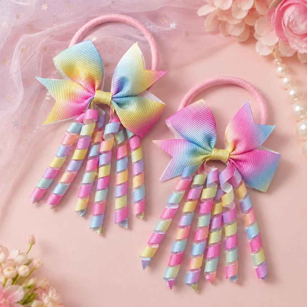 2Pcs Colorful Gradient Grosgrain Ribbon Bow Hair Ties for Kids Girls Curly Tassel Streamer Ponytail Holders Cute Hair Elastics