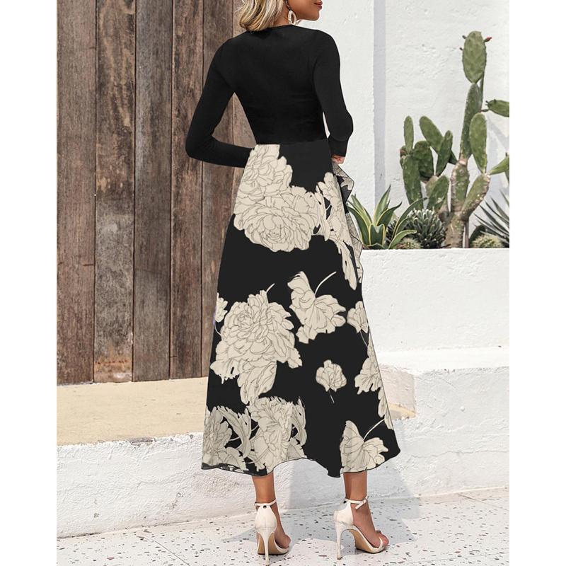 Rochie Casual Elegantă Slim cu Mâneci Lungi de Primăvară pentru Femei, Modă Toamnă, Imprimeu Îmbinat, Rochii Lungi Vintage pentru Femei, Talie Înaltă, Linie A, Rochie Sexy de Petrecere 25943