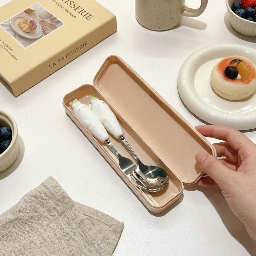 Stainless Steel Spoon Fork Chopsticks Set Ceramic Handle with Storage Box Carrot Spoon Fork Cartoon Portable Tableware Travel