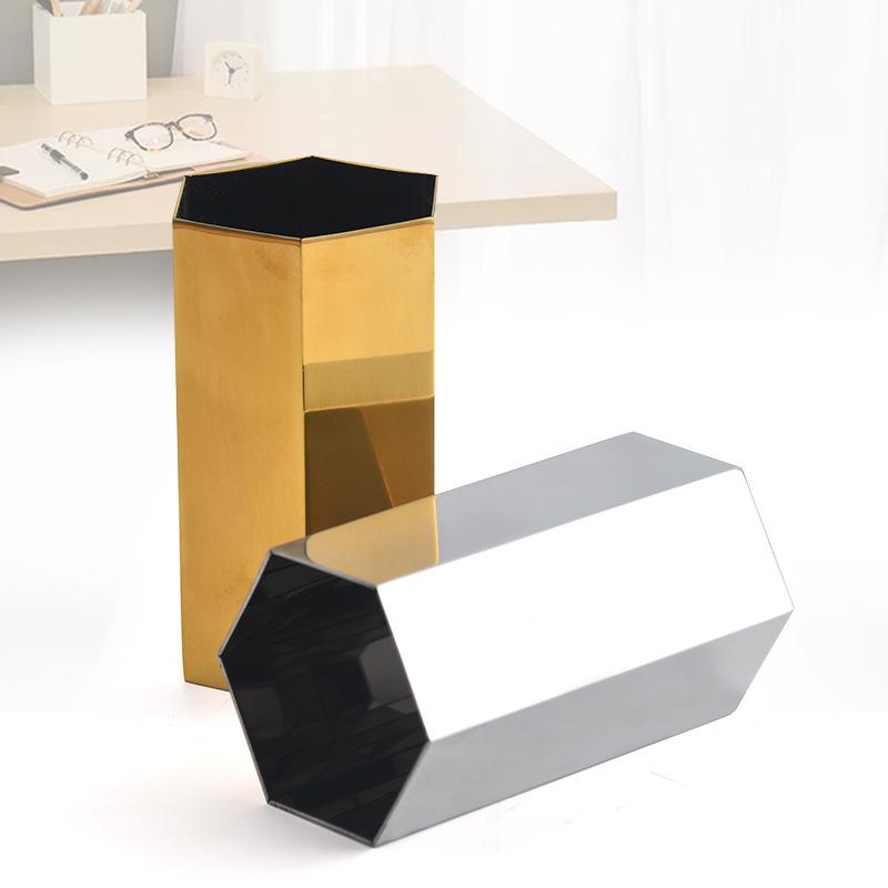 Hexagonal Nordic Pen Holder & Golden Flower Vase – Stainless Steel Desktop Ornament Gold