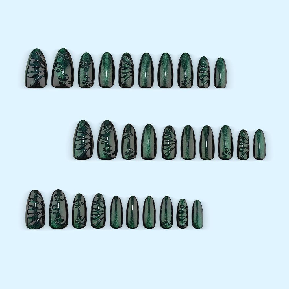 3D Epoxy Black & Green Gradient Cat Eye Removable Wearable Fake Nails Kit (30 Pieces)