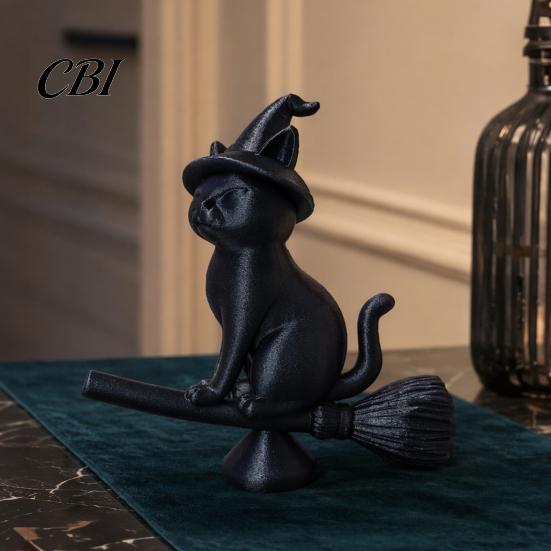 Exquisite Cat Collectible Witch Figurine, Black Riding Broom Statue, 3D Printed Ornament Ornament, Desktop Decoration for Home Office Decor Mysterious