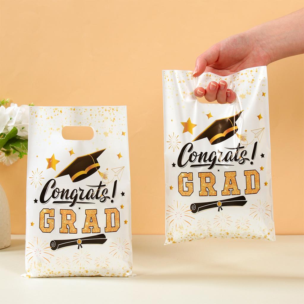 Graduation Decorations Gift Bags Black Gold Class of 2025 Grad Supplies Candy Biscuit Baking Gift Wrapping Favor Bag