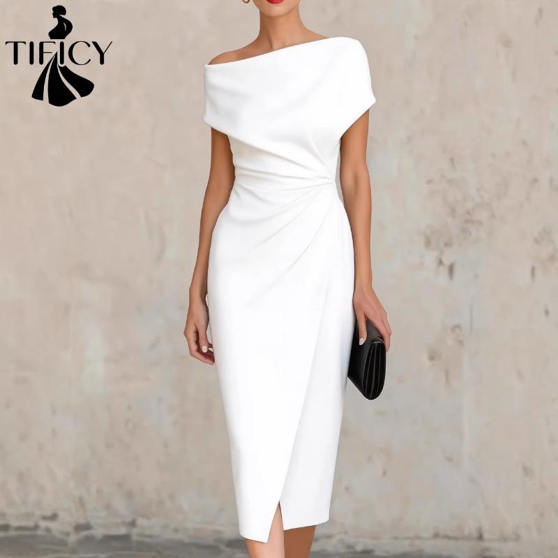 TIFICY Damenmode Sommer Frühling Kurzarm Hohe Taille Schrägkragen Cocktail & Abendkleider