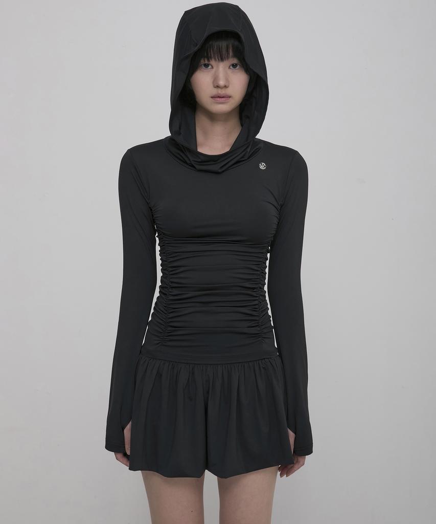 Peulleeoeob Hooded High Neck Long Dress (Fl-185_Black)