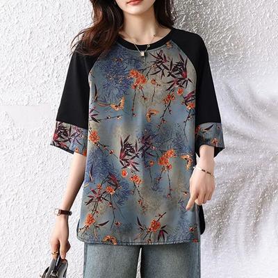 Univerzální módní top Dámský letní nový volný s krátkým rukávem Plus Size Dámské potištěné středně dlouhé tričko s kulatým výstřihem