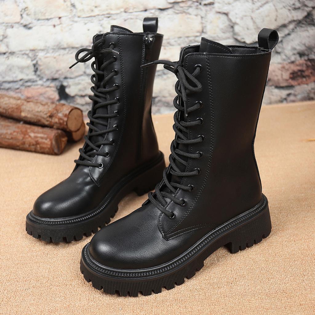 Autumn and Winter New British Style Platform Short Boots Female Handsome Recreational Locomotive Boots Large Size Lace-up Martin Boots Female