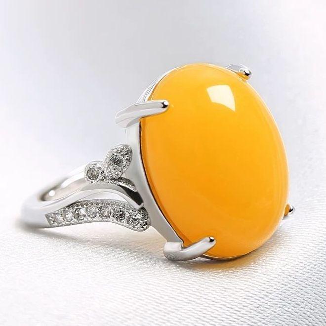 Second-Generation Silver-Plated Ring with Imitation Yellow Chalcedony and Agate for Women