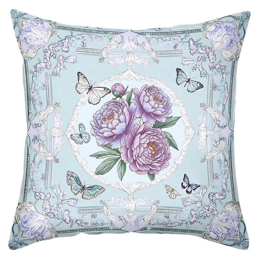 2D flat printing Floral Patterned Throw Pillows With Butterfly Design Polyester pillowcase, sofa decorative cushion cov