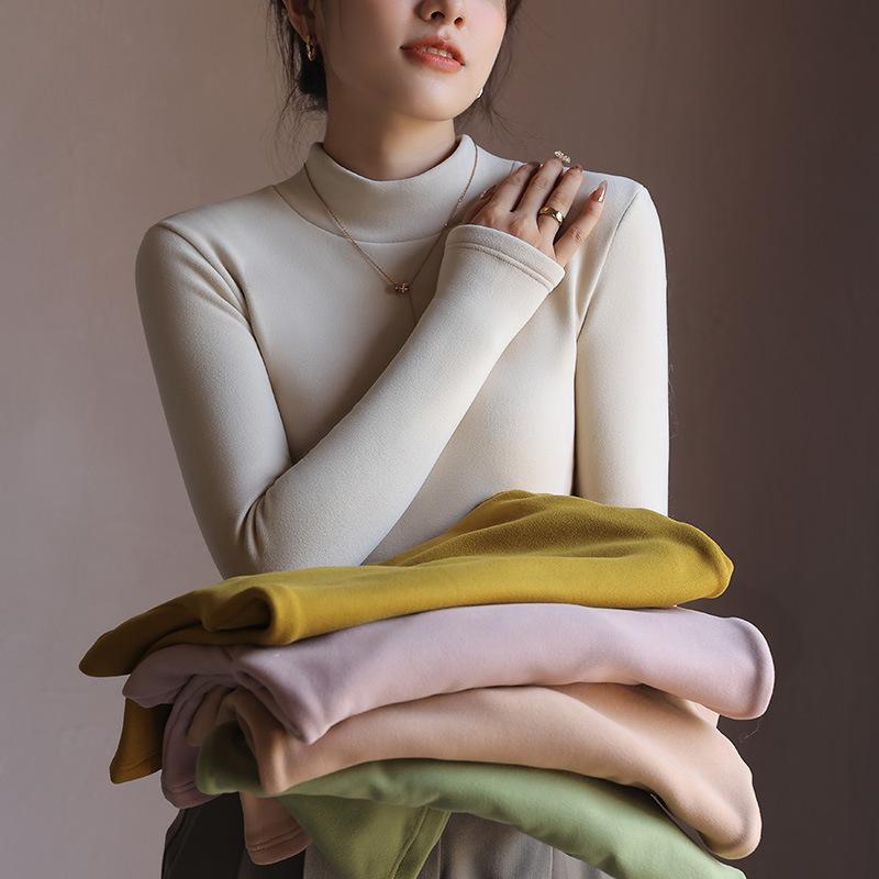 Plus Velvet Bottoming Shirt Women's Autumn Winter Thickened Half-high Collar Long-sleeved Solid Color Pullover Warm Top T-shirt
