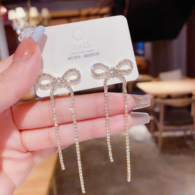 Long Crystal Bow Tassel Earrings For Women Jewelry Trending Luxury Pearl Bowknot Earrings