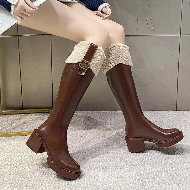 Zimní dámské hřejivé kozačky rytířky módní zadní zip robustní podpatek kozačky nad koleno pro ženy platformní boty dámské boty