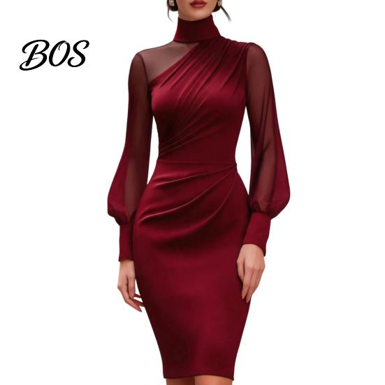 Everyday Casual Dress Women's Mesh Sheer Long Sleeve Mini Dress, Ruched Bodycon Mock Office Wear Women Neck Party Cocktail Formal Wedding Guest