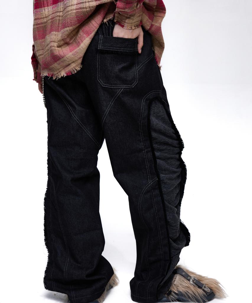 Aleseueseussi Incision Jacquard Mixed Pants - Black