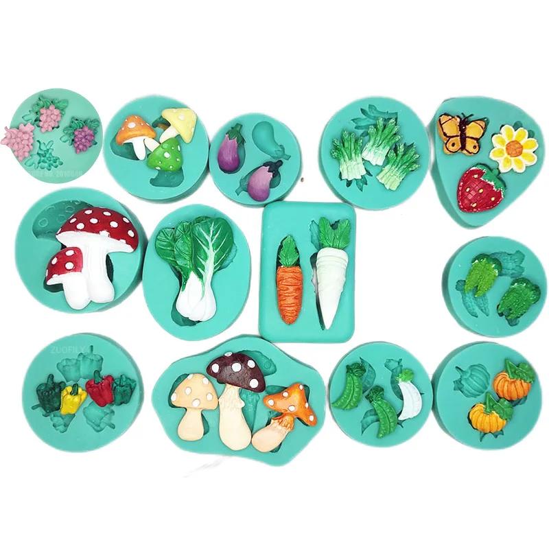 Mini Fruit Vegetable Fondant Silicone Mold Grape Radish Mushroom Pumpkin Chocolate Mould Cake Decorating Tool Polymer Clay Mold