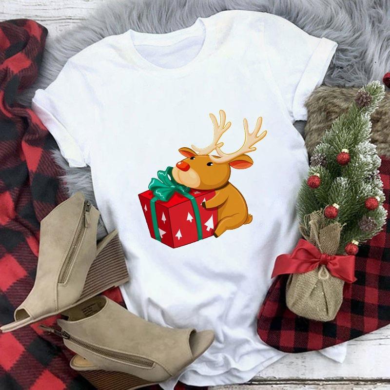 Santa Claus Christmas New Year holiday pattern T-shirt top women's fashion clothing women's short sleeved T-shirt