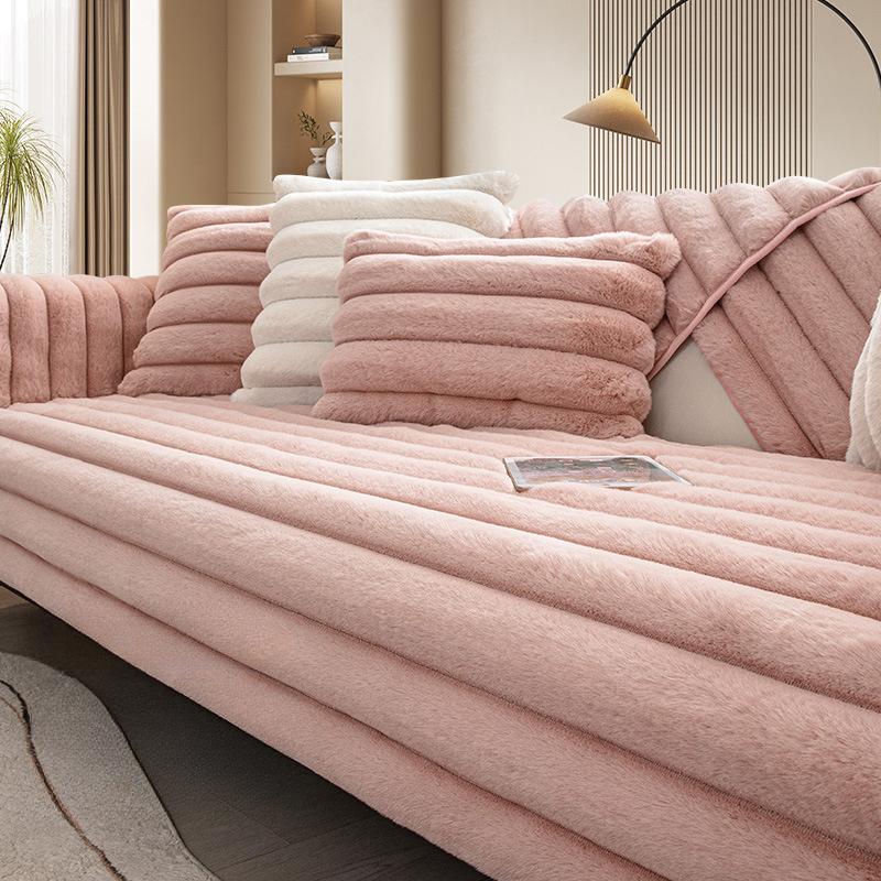 High-End Striped Winter Thickened Rabbit Plush Sofa Cushion Non-Slip New Solid Wood Cover Towel