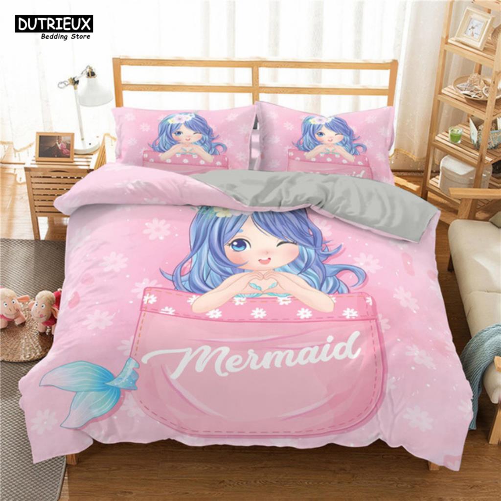 

Comforter Cartoon Blue Mermaid Beautiful Girl With Unicorn Bed Single Double Queen King Twin Size Bedding Set For Kids Comforter (quilt)-EU Single(135*200cm)3pcs