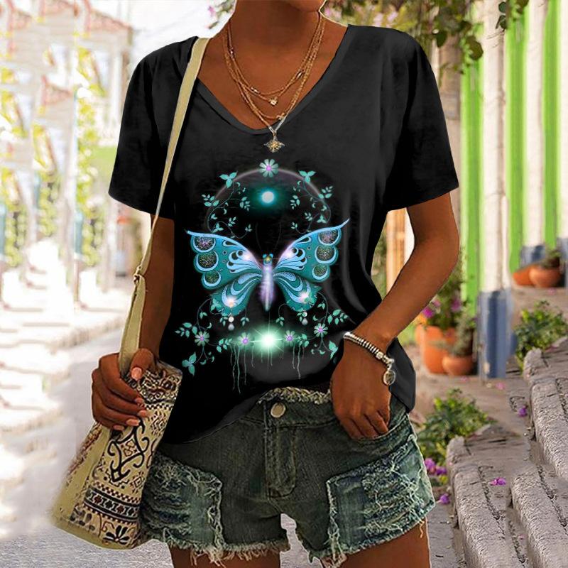 Women's pullover short-sleeved round neck 3D digital printed loose T-shirt