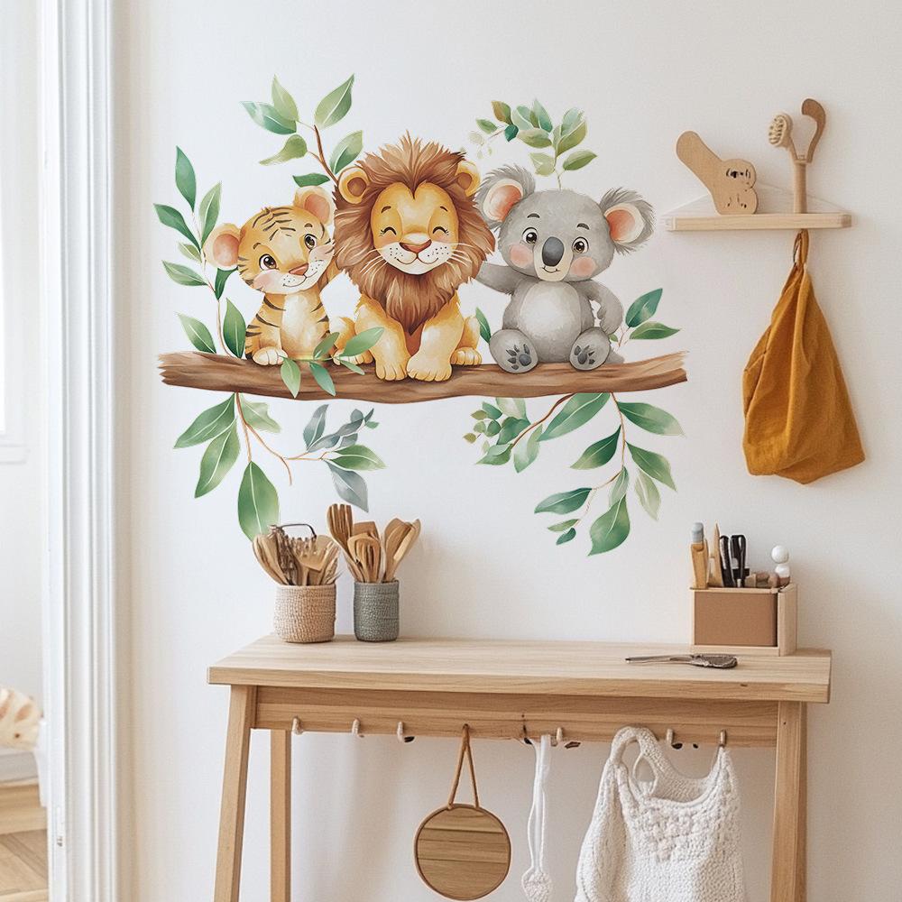 Kreslený Lev Tygr Koala Zelené Rostliny Pozadí Samolepka na Zeď Samolepicí Odnímatelná do Dětského Pokojíčku Domácí Dekorace na Zeď