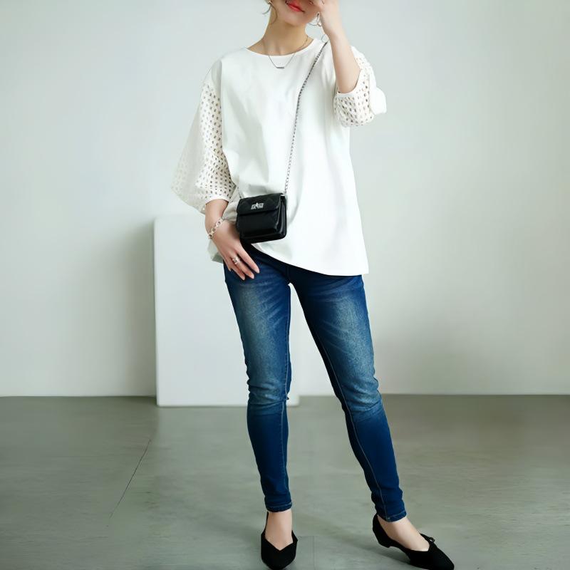 Japanese Korean Summer Women's Hollow Sleeve Patchwork Loose T-shirt