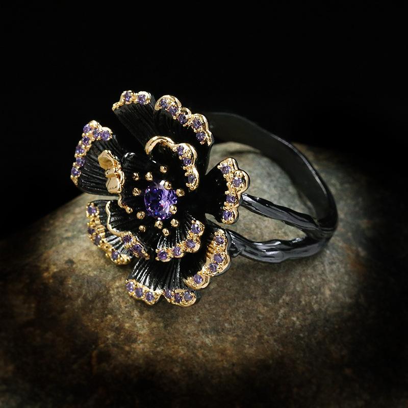 Vintage Jewelry  Sterling Silver Baroque sunflower Rings for Women Wedding Engagement Bride Black Gold Fine Jewelry