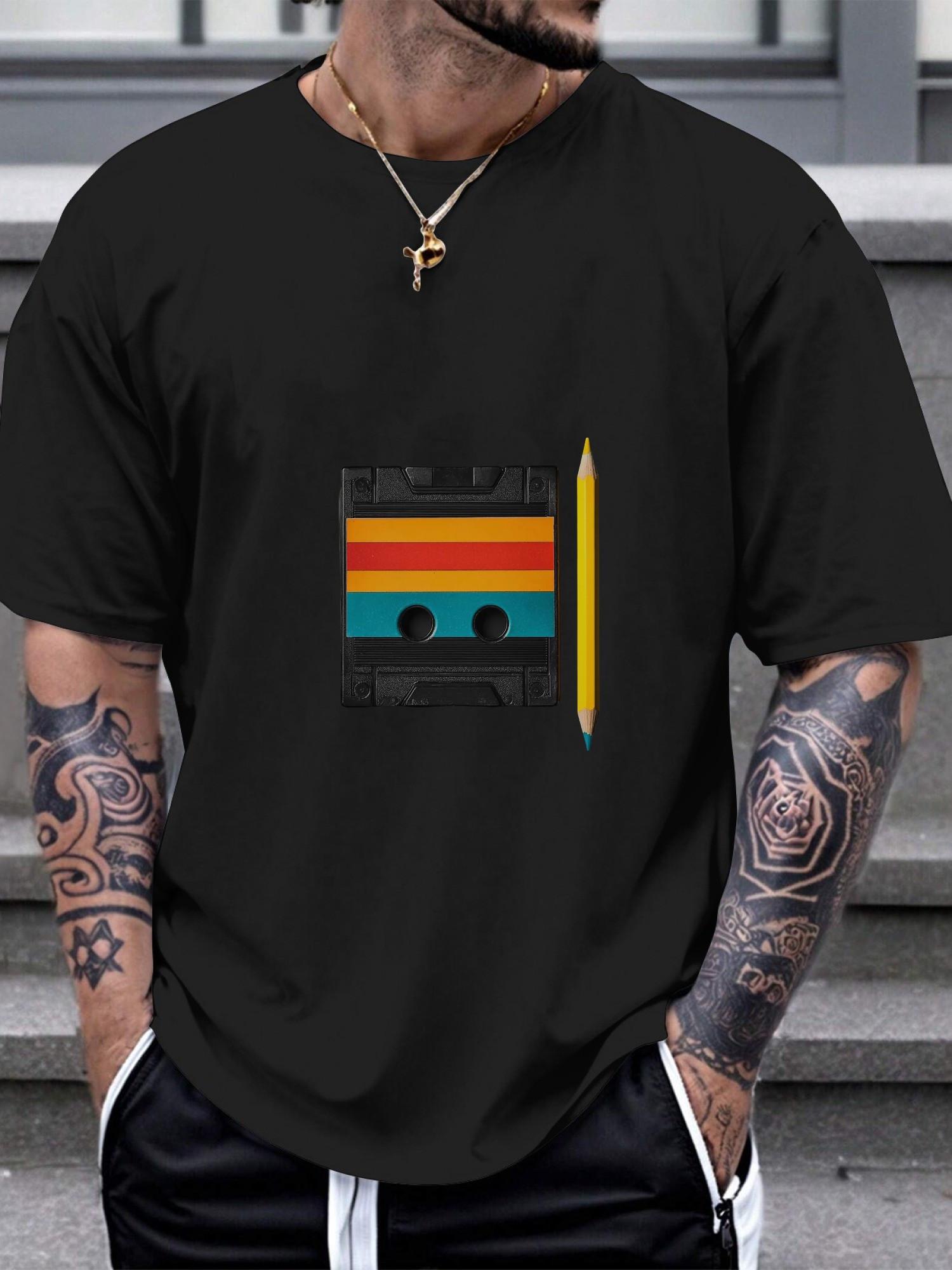 Vintage Cassette Tape Graphic T-shirt - 180g 100% Cotton Crew Neck Short Sleeve Tee with Retro Striped Design S