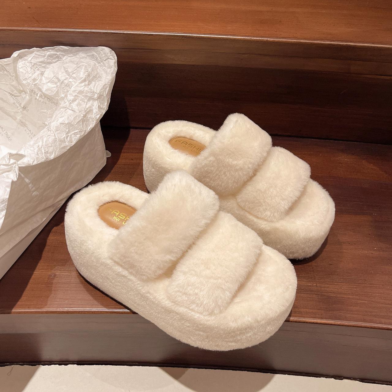 

Интернет-знаменитость, рост 8 см, пушистые тапочки, женская одежда 2024 года, осень-зима, новые маленькие плюшевые односложные хлопковые тапочки 34 бежевый