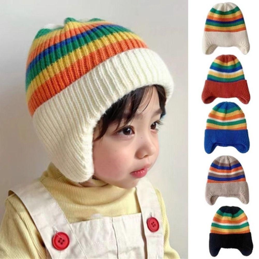 Soft Striped Rainbow Hat Korean Beanie Cap Colorful Baby Knitted Hat  Kids
