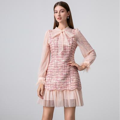 Autumn Winter Women Sweet Bowtie Collar Feather Sleeve Mesh Patchwork Tweed Party Dresses