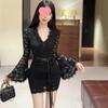Plus Size Lace Patchwork Flare Sleeve Bodycon Dress for Women - Slimming Autumn/Winter Style
