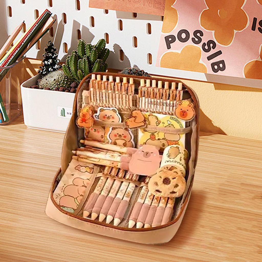 Capybara Stationery Set Portable Stationary Bag Cute Pencil Case with Pens Clips Rulers and More Wide Opening Pencil Organizer