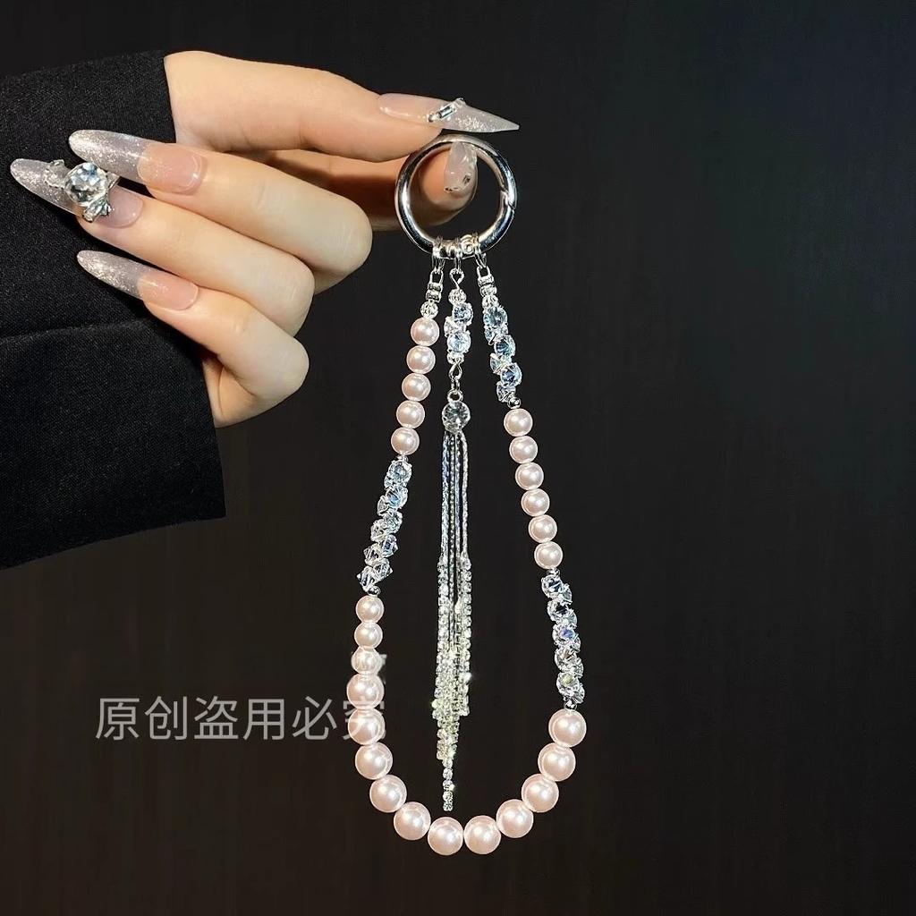 Luxury Premium Sparkling Diamond Tassel Crystal Mobile Phone Lanyard, Large Flower Pearl Short Portable Phone Chain Pendant