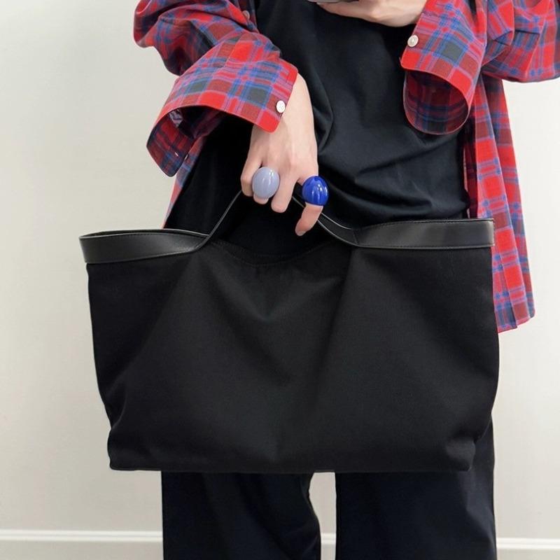 Internet celebrities with the same cowhide tote bag Row dark wind splicing canvas bag commuter versatile large capacity handbag