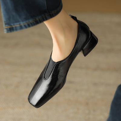 Echt Leer Dames Vintage Pumps Blokhak Middelhoge Schoenen Nieuwe Collectie Schapenleer Vierkante Neus Beknopt Volwassen Middelhoge Hak Pumps
