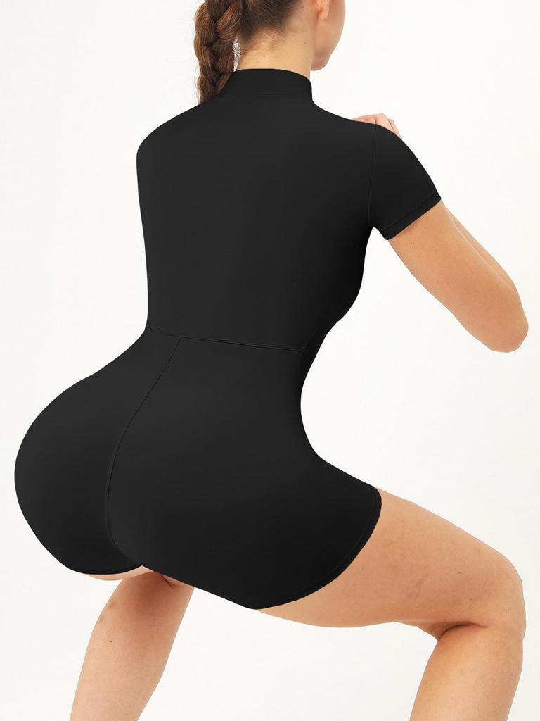 Women's Summer Short Sleeve Zipper Jumpsuit for Yoga and Dance Fitness