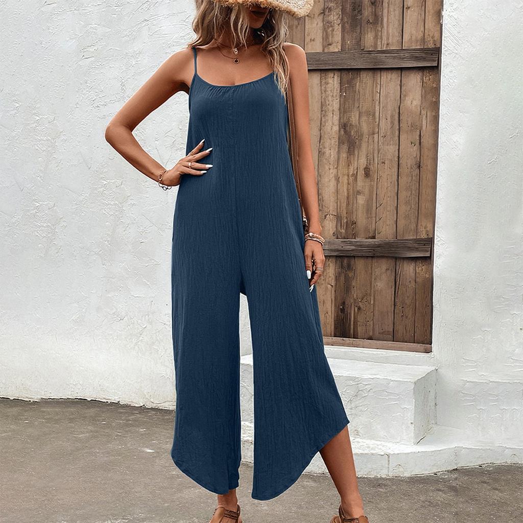 Women's Fashionable Solid Color Pocket Irregular Pants Legs Loose Casual Camisole Sleeveless Jumpsuit
