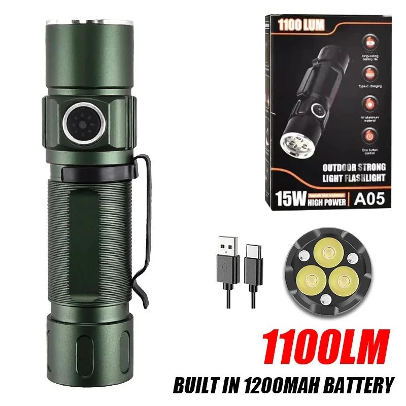 1100LM Powerful EDC LED Flashlight USB Rechargeable Tactical Torch With 18650 Built-in Battery Outdoor Camping Fishing Lantern