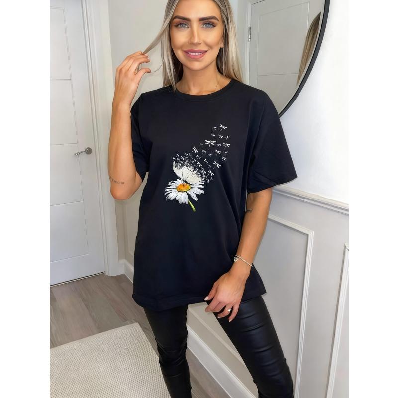 Black Oversized T Shirt With Daisy And Dragonfly Print For Casual Wear