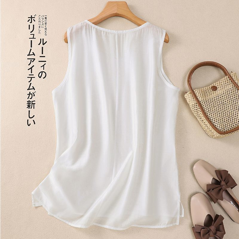 Strap Vest Women's Summer New Artistic Cotton and Linen Sleeveless Inner Layer Bottom Shirt Versatile Embroidered Round Neck