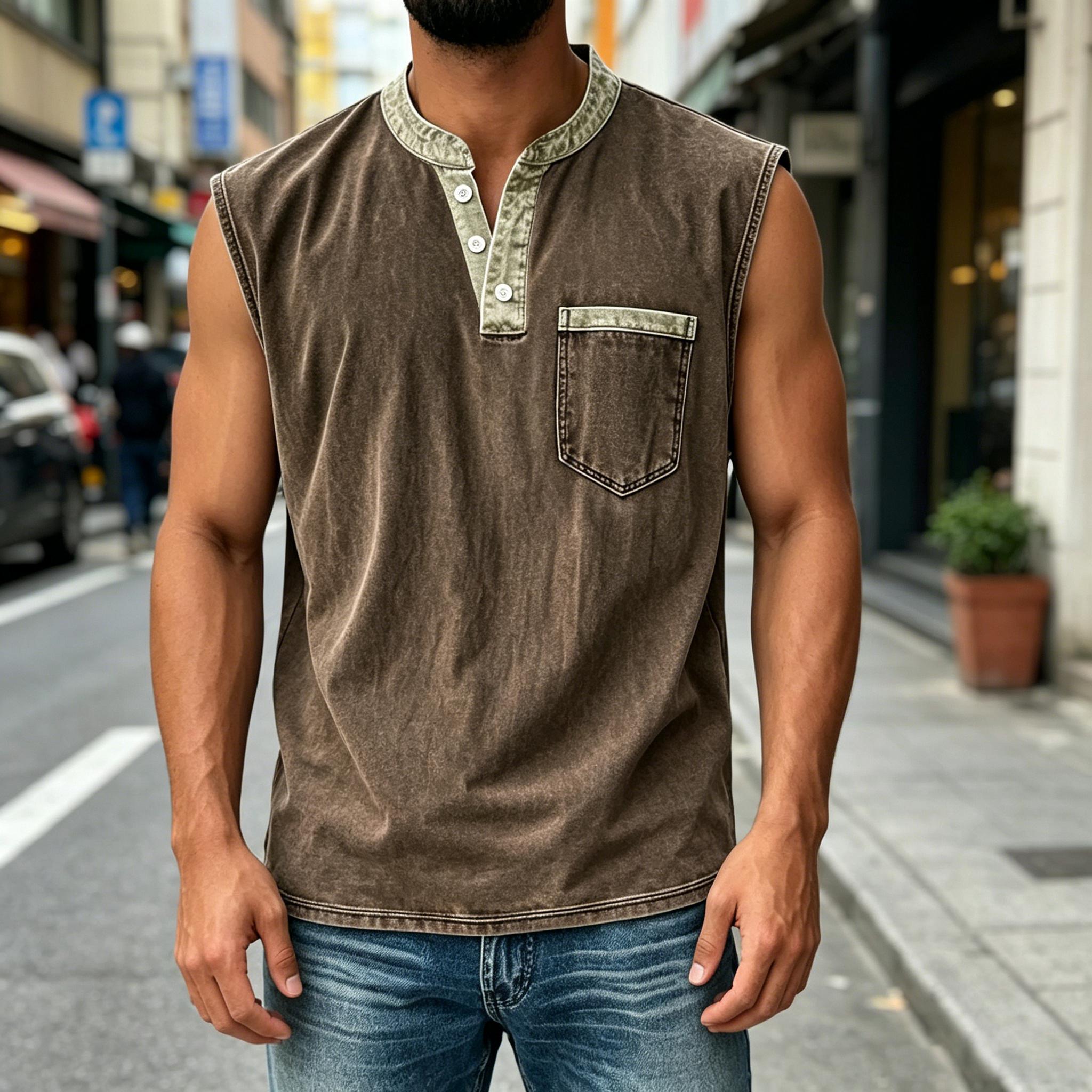 Men Sleeveless Casual Vest Three Button Henley Neck Pocket Front Cotton Linen Blend Summer Top XL коричневый