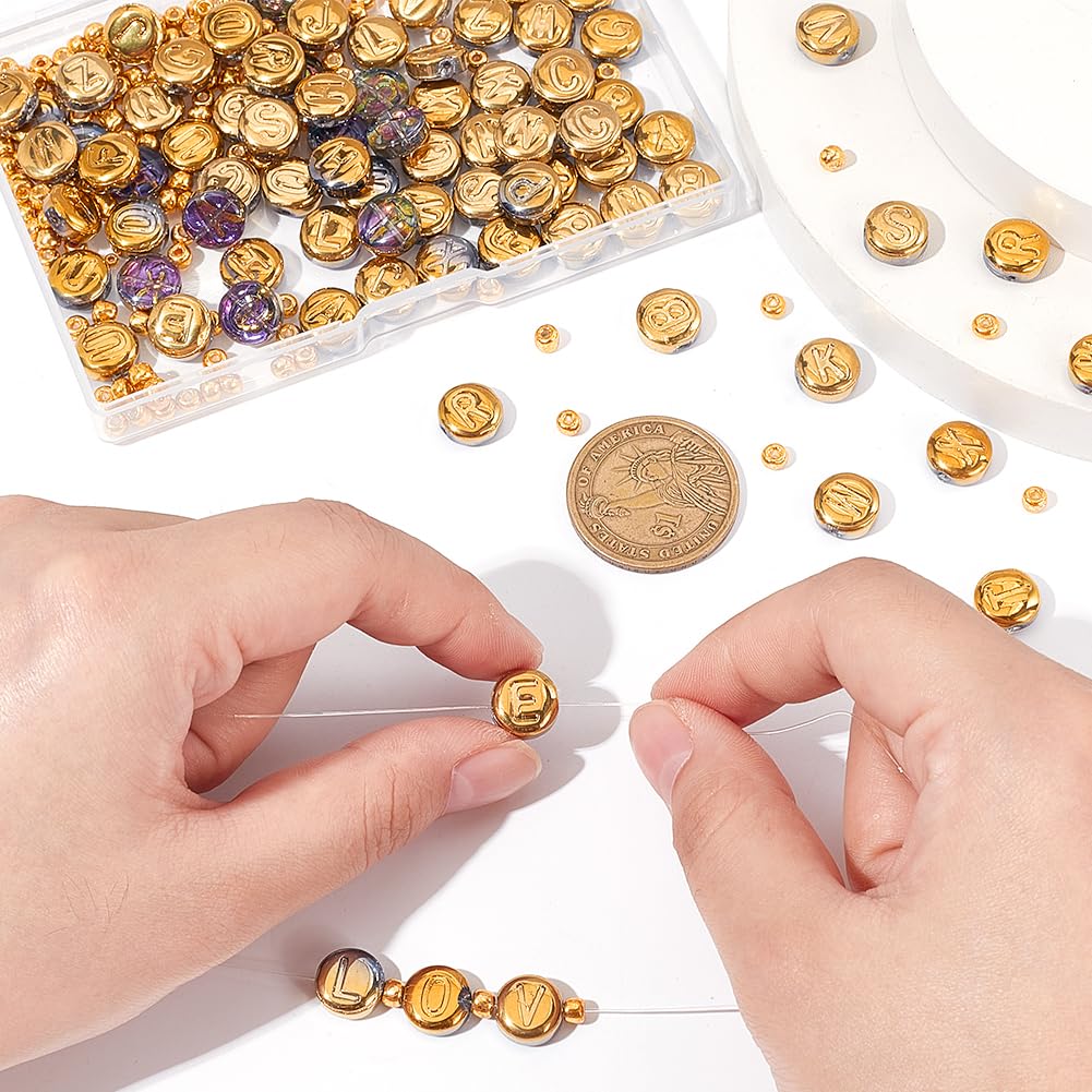 26 Styles Electroplated Glass Bead Flat Round with Letter Gold 1Set Glass Seed Beads Mixed Shapes 4~10x3~5mm Hole: 1~1.2mm