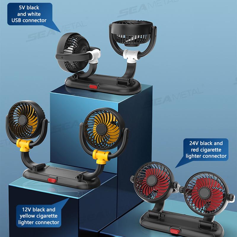 SEAMETAL Car Dual Headed Fan 360° Degree Rotation 2 Speeds Adjustable USB Auto Air Cooling Fan