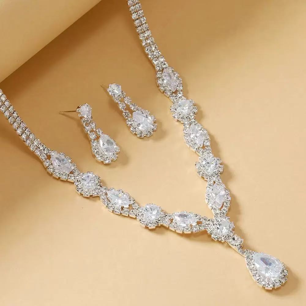 Rhinestone - Encrusted Wedding Necklace and Earring Set , Simple Bridal Jewelry