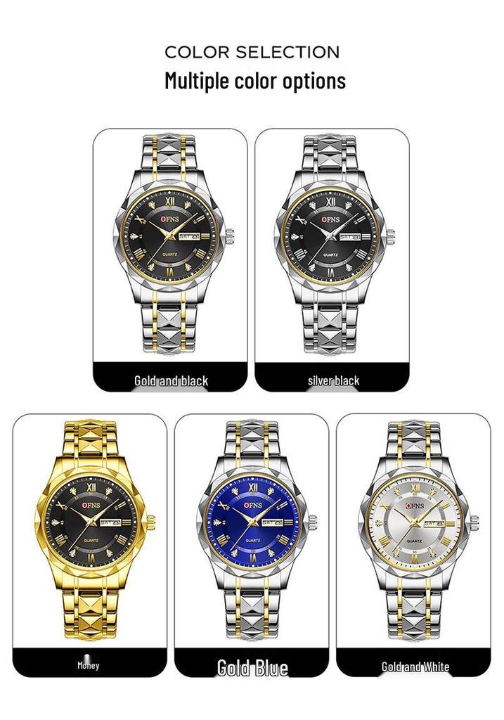 OFNS Herren Quarz Business Uhr: 3D Römische Ziffern, Doppelkalender, Wasserdicht, Edelstahlarmband.