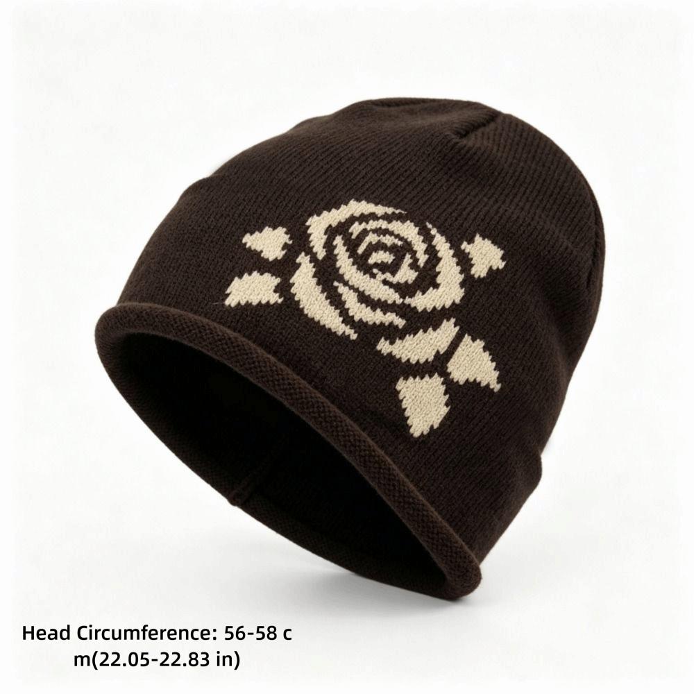 Ear Protection Warm Knitted Hat Soft Knit Rose Jacquard Beanie Winter Hat Daily Wear
