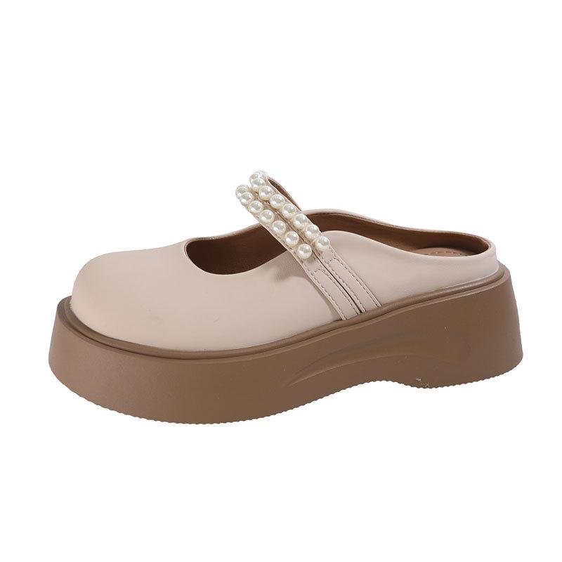 Mary Jane bag head half slippers women's wear 2025 new summer platform pearl half tray French with skirt sandals