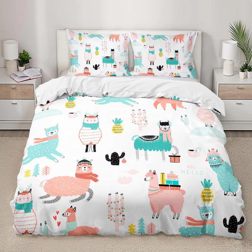 Alpaca Duvet Cover Set Boys Girls Cute Cartoon Animal Comforter Covers Kids And Teenagers Room Green Bedding 2/3 Pcs With Zipper