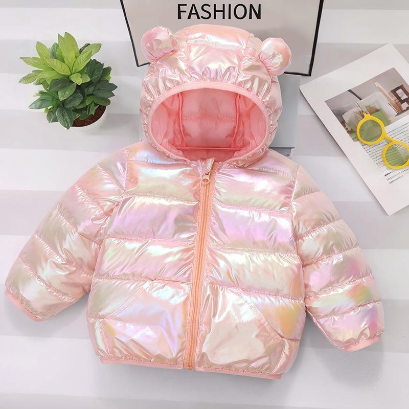 2-6 Years Kids Fashion Colorful Shiny Down Cotton Jacket Autumn Winter Boys Girls Cartoon Ear Hooded Zipper Coat