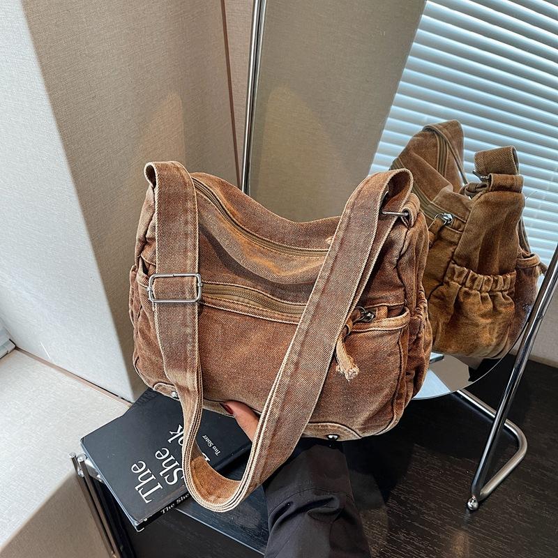 Women's bag new messenger bag women's large-capacity washed denim bag multi-compartment shoulder bag